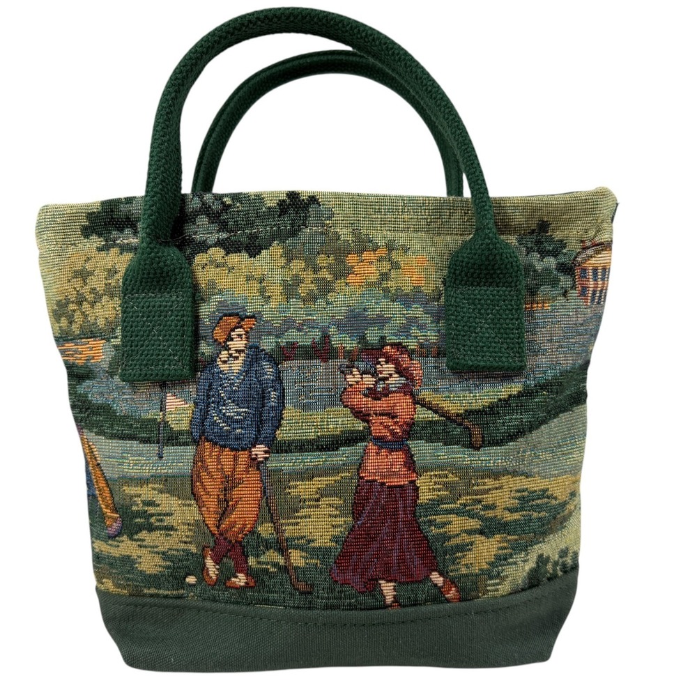 Vintage Tapestry Golf Scene Tote Bag Forest Green Canvas Woven Handbag Small